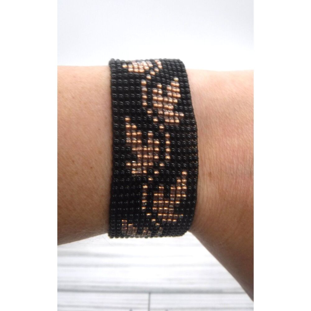 Loom Beaded Bracelet Black w/ Copper Leaves